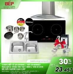 COMBO 12: bếp từ Chefs EH-DIH888 + hút mùi Chefs EH-R506E7 + chậu Malloca MS1011 New + vòi K121N + bộ nồi Faster Melody