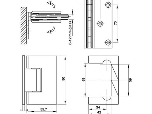 Kích thước của Bản lề phòng tắm kính 90º Hafele 981.77.908