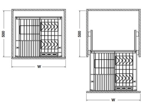 Kích thước của Bộ rổ kéo đựng chén đĩa gắn cánh rộng 900 Verona Hafele 549.03.156