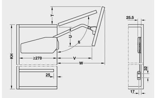 Kích thước của Bộ tay nâng Free Fold Short Hafele 493.05.901