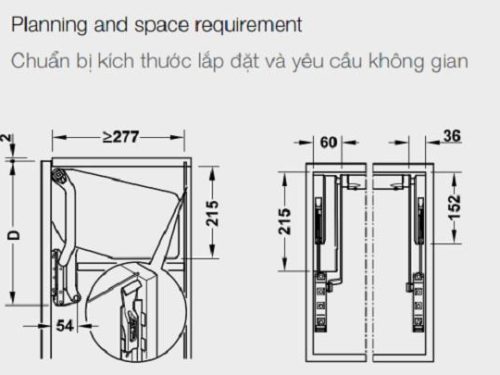 Kích thước của Bộ tay nâng Free Up E Hafele 372.29.708 nắp trắng