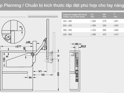 Kích thước của Bộ tay nâng Free Up Hafele 493.05.791 nắp trắng