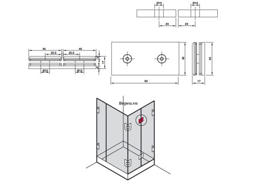 Kích thước của Kẹp kính - kính 180º màu đen Hafele 981.77.913
