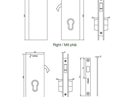 Kích thước của Khóa cửa kính thân khóa cửa trượt mở phải Hafele 981.59.050