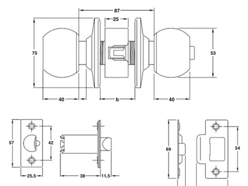 Kích thước của Khóa tay nắm tròn nhà vệ sinh Hafele 911.83.565