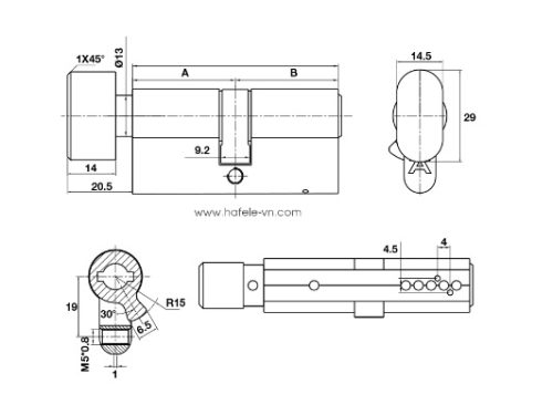 Kích thước của Ruột khóa 1 đầu chìa 1 đầu vặn 65mm Hafele 489.56.005