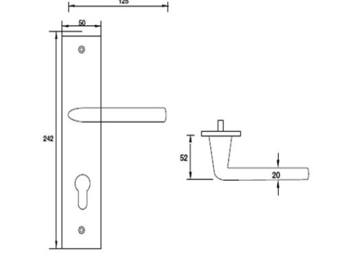Kích thước của Tay nắm gạt đế dài mở phải C/C 72mm Hafele 903.78.589