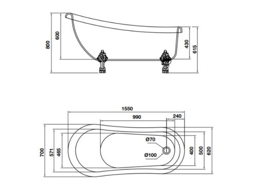 Kích thước bồn tắm độc lập Nagoya 1550 Hafele 588.99.630