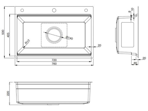 Kích thước chậu rửa bát 1 hố Kluger KWF8161FB-S76