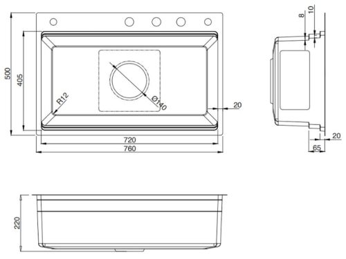 Kích thước chậu rửa bát 1 hố Kluger KWF8161FB-S76W Plus