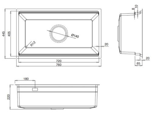 Kích thước chậu rửa bát 1 hố Kluger KWU8161FB-S76