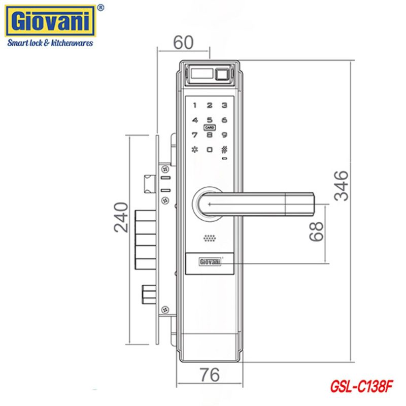 Kích thước khóa vân tay thông minh Giovani GSL-C138F Kích thước khóa vân tay thông minh Giovani GSL-C138F
